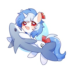 Size: 700x700 | Tagged: safe, artist:dreamsugar, oc, oc only, pony, shark, unicorn, :d, abstract background, blushing, bow, commission, cute, ears, ears up, hair, hair bow, horn, looking at you, mane, ocbetes, open mouth, open smile, plushie, red eyes, shark plushie, simple background, smiling, solo, sparkles, stars, tail, tail bow, white background