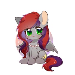 Size: 700x700 | Tagged: safe, artist:dreamsugar, oc, oc only, oc:evening prose, pegasus, pony, abstract background, chibi, commission, eye clipping through hair, female, jewelry, looking at you, necklace, pearl necklace, raised hoof, simple background, sitting, smiling, smiling at you, solo, white background, wings