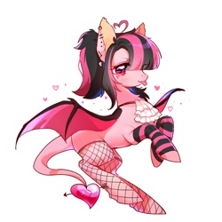 Size: 700x700 | Tagged: safe, artist:dreamsugar, oc, oc only, bat pony, pony, bat wings, clothes, ear piercing, earring, eye clipping through hair, female, fishnet stockings, heart, jewelry, leonine tail, looking at you, mare, piercing, profile, simple background, socks, solo, spread wings, stockings, striped socks, tail, thigh highs, tongue out, white background, wings
