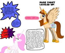 Size: 819x679 | Tagged: safe, artist:mia3193, edit, editor:pagiepoppie12345, princess celestia, oc, oc:pagie fausticorn, alicorn, pony, g4, alicorn oc, angry, clothes, crown, dialogue, dress, ethereal mane, female, gem, grammar error, heart, horn, implied black zalgo pagie, implied lauren faust, implied nightmare moon, implied princess luna, implied twilight twinkle, implied zalgo pagie, jewelry, level up, mare, paige hogan, paintbrush, pink-mane celestia, regalia, shoes, simple background, smiling, sparkles, speech bubble, spread wings, stars, sun, text, traditional royal canterlot voice, white background, wings, ye olde butcherede englishe, ye olde english, yelling