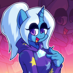 Size: 800x800 | Tagged: safe, artist:rainbrony, trixie, unicorn, anthro, g4, alternate hairstyle, babysitter trixie, breasts, busty trixie, clothes, eyelashes, female, hoodie, horn, looking at you, open mouth, open smile, ponytail, smiling, solo, vector, zoom layer