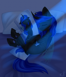 Size: 1700x2000 | Tagged: safe, artist:rinteen, oc, oc:blue visions, changeling, pony, bed, bedsheets, blue changeling, body pillow, commission, hug, night, pillow, pillow hug, sleeping, ych result