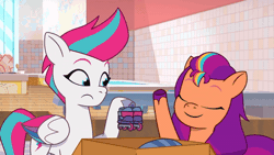Size: 520x293 | Tagged: safe, screencap, sunny starscout, zipp storm, earth pony, pegasus, pony, g5, my little pony: tell your tale, starscout code, spoiler:tyts01e24, animated, female, gif, mane stripe sunny, mare, roller skates