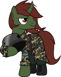 Size: 1819x2308 | Tagged: safe, artist:bnau, oc, oc only, oc:aero glade, pony, unicorn, boots, camouflage, clothes, coat, curved horn, helmet, holding, horn, male, military uniform, shoes, show accurate, simple background, solo, stallion, transparent background, uniform, vector