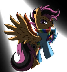 Size: 2784x3000 | Tagged: safe, alternate version, artist:taeko, scootaloo, pegasus, pony, alternate cutie mark, alternate universe, choker, clothes, dyed mane, dyed tail, ear piercing, female, jacket, looking at you, no source, older, older scootaloo, open mouth, piercing, shirt, solo, spiked choker, spotlight, spread wings, tail, the spectacle, wings