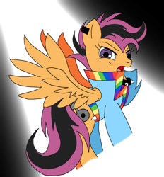 Size: 2784x3000 | Tagged: safe, alternate version, artist:taeko, scootaloo, pegasus, pony, alternate cutie mark, alternate universe, choker, clothes, dyed mane, dyed tail, ear piercing, female, jacket, looking at you, no shading, no source, older, older scootaloo, open mouth, piercing, shirt, solo, spiked choker, spotlight, spread wings, tail, the spectacle, wings
