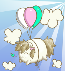 Size: 495x535 | Tagged: safe, artist:fivedollarponies, oc, oc only, oc:balloons, pony, unicorn, :3, balloon, bow, chibi, cloud, cute, eyes closed, female, floating, flying, happy, heart, mare, solo, then watch her balloons lift her up to the sky