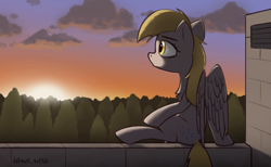 Size: 1750x1080 | Tagged: safe, artist:d3f4ult_4rt1st, derpy hooves, pegasus, pony, g4, chest fluff, forest, roof, scenery, sitting, sky, solo, sun, sunrise