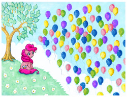 Size: 1200x911 | Tagged: safe, artist:kaikaku, pinkie pie, g4, balloon, flower, grass, sitting, solo, that pony sure does love balloons, tree
