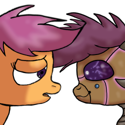 Size: 1024x1024 | Tagged: safe, artist:taeko, derpibooru exclusive, scootaloo, pegasus, pony, robot, robot pony, 2021, duality, eyelashes, female, good vs evil, looking at each other, looking at someone, no source, open mouth, purple sclera, roboticization, sad, scootabot, simple background, smiling, solo, white background