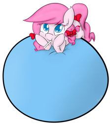 Size: 1024x1147 | Tagged: safe, artist:ramott, oc, oc only, earth pony, pony, balloon, balloon riding, bow, candy, cute, ear fluff, female, food, happy, head in hooves, lollipop, lying down, mare, ocbetes, simple background, solo, that pony sure does love balloons, transparent background, vector