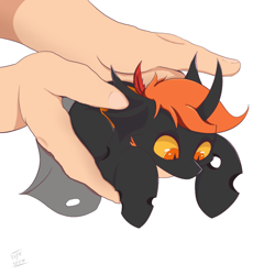 Size: 1000x1000 | Tagged: safe, artist:eventseem, oc, oc:teen spirit, changeling, pony, hand, hold x gentle like hamburger, holding a pony, in goliath's palm, it's dangerous to go alone, meme, orange changeling, ponified, ponified animal photo, ponified meme, simple background, size difference, white background