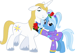 Size: 8102x5694 | Tagged: safe, artist:melisareb, artist:peachspices, edit, gameloft, vector edit, prince blueblood, trixie, pony, unicorn, g4, my little pony: magic princess, .svg available, absurd resolution, alternate hairstyle, babysitter trixie, bedroom eyes, clothes, cute, diatrixes, duo, female, flower, flower in mouth, gameloft interpretation, hoodie, lidded eyes, looking at you, male, mare, mouth hold, pigtails, rose, rose in mouth, ship:bluetrix, shipping, show accurate, simple background, smiling, smiling at you, stallion, stars, straight, transparent background, twintails, unshorn fetlocks, vector