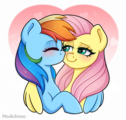 Size: 2336x2224 | Tagged: safe, artist:madelinne, fluttershy, rainbow dash, pegasus, pony, g4, cheek kiss, duo, female, high res, hug, kissing, lesbian, mare, ship:flutterdash, shipping, simple background, white background