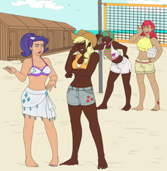 Size: 1940x2000 | Tagged: safe, artist:icicle-niceicle-1517, artist:toxiccolour, color edit, edit, applejack, blossomforth, rarity, strawberry sunrise, bird, human, g4, abs, alternate hairstyle, applejack's hat, ball, barefoot, beach, belly button, bikini, bikini top, breasts, clothes, cloud, collaboration, colored, cowboy hat, cutie mark tattoo, dark skin, ear piercing, earring, eyes closed, facepalm, feet, female, freckles, gritted teeth, hat, humanized, jewelry, midriff, nail polish, net, ocean, open mouth, piercing, sand, shack, shorts, skirt, sky, sports, summer, sunglasses, swimsuit, tank top, tattoo, taunting, teeth, toenail polish, tongue out, volleyball, volleyball net, wall of tags, water