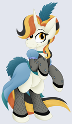 Size: 3204x5512 | Tagged: safe, artist:feather_bloom, oc, oc only, oc:candy corn, pony, unicorn, bipedal, clothes, commission, dress, hair bun, saloon dress, shading, simple background, socks, solo, standing, standing on two hooves, stockings, thigh highs