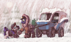 Size: 5100x3000 | Tagged: safe, artist:docwario, rarity, oc, earth pony, pony, unicorn, g4, 2016, cap, cart, chains, clothes, coat, duo, female, hat, high res, male, mare, old art, snow, snowfall, stallion, wagon, wheel, winter outfit