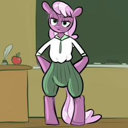 Size: 768x768 | Tagged: safe, artist:smirk, cheerilee, earth pony, semi-anthro, g4, angry, apple, arm hooves, chalk, chalkboard, classroom, clothes, colored sketch, desk, food, hooves on hips, inkwell, looking at you, quill, solo, teacher, unamused