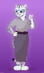 Size: 1515x2481 | Tagged: safe, artist:colorcodetheartist, rarity, big cat, tiger, anthro, g4, belt, button-up shirt, clothes, eyeshadow, furrified, furry, gradient background, lidded eyes, makeup, raised hand, shirt, simple background, skirt, solo, species swap, stripes, white tiger