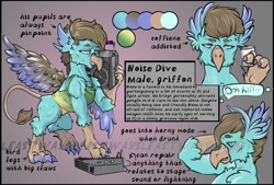 Size: 1588x1074 | Tagged: safe, artist:leastways, oc, oc:noise dive, griffon, pony, boombox, griffon oc, male, male oc, reference sheet, speech bubble, spread wings, watermark, wings