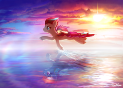 Size: 2500x1800 | Tagged: safe, artist:finalaspex, rainbow dash, zipp storm, pegasus, pony, g4, g5, counterparts, female, flying, mare, ocean, reflection, scenery, scenery porn, slender, sunset, thin, water, zipp and her heroine