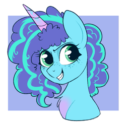 Size: 691x675 | Tagged: safe, artist:lulubell, misty brightdawn, pony, unicorn, g5, spoiler:g5, blue background, bust, chest fluff, dreamworks face, female, freckles, gradient horn, horn, mare, passepartout, simple background, smiling, solo