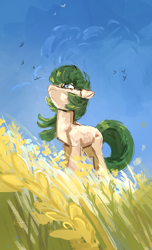 Size: 1900x3124 | Tagged: safe, artist:megalura, oc, oc only, bird, earth pony, pony, blue sky, field, food, high res, solo, wheat