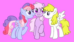 Size: 870x493 | Tagged: safe, artist:jigglewiggleinthepigglywiggle, lickety-split, surprise, sweet stuff, earth pony, pegasus, pony, twinkle eyed pony, g1, g4, adoraprise, base used, best friends, best friends forever, cute, female, friends, g1 licketybetes, g1 to g4, generation leap, grin, lickety-split being silly, magic the gathering, mare, pink background, raised hoof, raised leg, simple background, smiling, surprise being surprise, sweet sweet stuff, trio