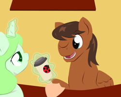 Size: 1280x1024 | Tagged: safe, artist:askmerriweatherauthor, artist:dougboard, oc, oc:dusty (jitterbug-cafe), oc:merriweather, pegasus, pony, unicorn, ask merriweather, tumblr:jitterbug cafe, female, green background, male, mare, simple background, stallion