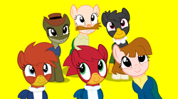 Size: 1947x1080 | Tagged: safe, artist:licketysplitloftyandmagicstarfan56789, alligator, bird, buzzard, earth pony, human, pegasus, pony, walrus, woodpecker, g4, base used, buzz buzzard, clothes, crossover, excited, facial hair, female, gabby gator, gang, gloves, happy, hat, male, mare, moustache, ms. meany, ponified, rule 85, shadow, simple background, smiling, stallion, teeth, the new woody woodpecker show, universal studios, vest, wally walrus, winnie woodpecker, woody woodpecker, woody woodpecker (series), yellow background