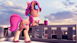 Size: 3840x2160 | Tagged: safe, artist:psfmer, sunny starscout, earth pony, pony, g4, g5, 3d, balcony, braided ponytail, butt, cloud, drink, eyes closed, female, g5 to g4, generation leap, headphones, high res, mare, maretime bay, plot, source filmmaker, sunny starbutt, unshorn fetlocks