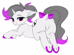 Size: 3000x2240 | Tagged: safe, alternate character, alternate version, artist:pesty_skillengton, oc, oc only, oc:hazel radiate, pony, unicorn, blushing, bow, butt, colored hooves, commission, commissioner:biohazard, dock, ear fluff, eyebrows, eyebrows visible through hair, eyelashes, featureless crotch, female, floppy ears, frog (hoof), high res, highlights, horn, looking at you, looking back, mare, plot, ponytail, purple eyes, simple background, smiling, smiling at you, solo, tail, tail aside, tail bow, underhoof, unicorn oc, white background, ych result