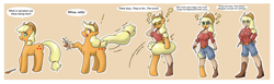 Size: 5200x1600 | Tagged: safe, artist:quickcast, applejack, human, pony, g4, applejack's hat, boots, commission, confusion, cowboy hat, dialogue, hat, humanized, key, memory loss, mental shift, pony to human, shoes, speech bubble, transformation, transformation sequence
