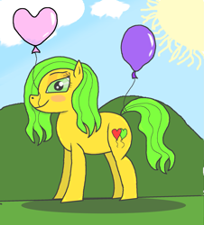 Size: 1997x2209 | Tagged: safe, artist:th3ph0b1ap0n3, oc, oc only, oc:balloon heart, earth pony, pony, balloon, blushing, cloud, female, heart, heart balloon, looking at you, mare, mouth hold, solo, sun, that pony sure does love balloons