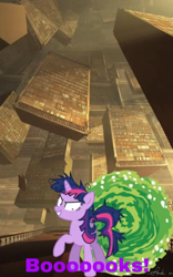 Size: 410x659 | Tagged: artist needed, source needed, safe, twilight sparkle, pony, unicorn, g4, book, bookshelf, dialogue, female, insanity, mare, messy mane, now you're thinking with portals, pinpoint eyes, portal, raised hoof, rick and morty, smiling, text, that pony sure does love books, twilight snapple, unicorn twilight