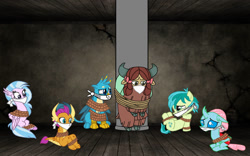 Size: 1131x707 | Tagged: safe, artist:brightstar40k, gallus, ocellus, sandbar, silverstream, smolder, yona, changeling, dragon, earth pony, griffon, hippogriff, pony, yak, g4, bondage, bound and gagged, cloth gag, dragoness, female, gag, help us, over the nose gag, pole tied, scared, student six, tied up, worried