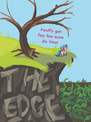 Size: 1536x2048 | Tagged: safe, artist:fluffsplosion, fluffy pony, pegasus, pony, cliff, impending doom, text, the edge, thorn