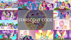 Size: 1960x1103 | Tagged: safe, edit, edited screencap, editor:quoterific, screencap, argyle starshine, hitch trailblazer, izzy moonbow, kenneth, pipp petals, queen haven, sunny starscout, zipp storm, alicorn, bird, earth pony, pegasus, pony, seagull, unicorn, g5, my little pony: a new generation, my little pony: tell your tale, starscout code, spoiler:g5, spoiler:my little pony: tell your tale, spoiler:tyts01e24, female, filly, filly sunny starscout, foal, male, mane five, mane stripe sunny, mare, race swap, stallion, sunnycorn, tapestry, younger
