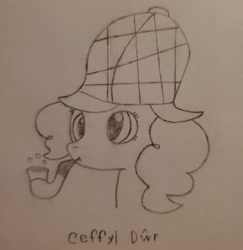 Size: 2985x3075 | Tagged: safe, artist:ceffyl-dŵr, pinkie pie, earth pony, pony, g4, mmmystery on the friendship express, bubble pipe, deerstalker, detective, hat, high res, pipe, sherlock holmes, sherlock pie, solo, traditional art
