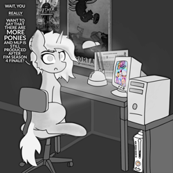 Size: 2838x2834 | Tagged: safe, artist:kotwitz, artist:vinyvitz, derpibooru exclusive, oc, oc only, oc:aria taitava, earth pony, pegasus, pony, unicorn, g5, my little pony: a new generation, 2011, bedroom, black and white, chair, computer, dialogue, ear fluff, game, grayscale, high res, lamp, monochrome, periodic table, portal (valve), room, shocked, sitting, solo, text, the witcher, xbox