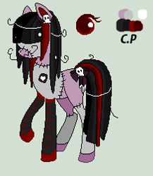 Size: 219x252 | Tagged: safe, artist:luckycloveradopts, oc, oc only, oc:franken pony, earth pony, pony, bow, color palette, eye, female, frankenpony, frankenstein, frankenstein's monster, hair over eyes, heart, mare, raised hoof, reference sheet, skull, stitched body, stitches, tail, tail bow, text