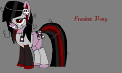 Size: 1024x615 | Tagged: safe, artist:ashlandrenee, oc, oc only, oc:franken pony, earth pony, pony, boots, bow, female, frankenpony, frankenstein, frankenstein's monster, gray background, heart, mare, shoes, simple background, skull, smiling, stitches, tail, tail bow, text