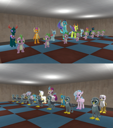 Size: 1901x2138 | Tagged: safe, artist:php170, gabby, gallus, gilda, ocellus, pharynx, princess ember, princess skystar, queen novo, silverstream, smolder, spike, thorax, changedling, changeling, classical hippogriff, dragon, griffon, hippogriff, g4, my little pony: the movie, 3d, birb, bishop, board, board game, chess, chess piece, chessboard, female, king, king thorax, knight, knight pony chess, looking at each other, looking at someone, male, pawn, prince pharynx, queen, rook, source filmmaker