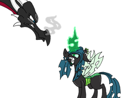 Size: 3084x2428 | Tagged: safe, artist:dragonboi471, queen chrysalis, changeling, changeling queen, dragon, g4, crossover, cynder, dragoness, duo, female, glowing, glowing horn, high res, horn, simple background, spyro the dragon (series), the legend of spyro, transparent background