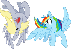Size: 1281x879 | Tagged: safe, artist:kindalkaykay, derpy hooves, rainbow dash, pegasus, pony, g4, eyes closed, female, flying, mare, multicolored hair, pinpoint eyes, rainbow hair, shocked, simple background, smiling, spread wings, transparent background, upside down, wings