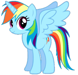 Size: 393x380 | Tagged: safe, rainbow dash, alicorn, pony, g4, alicornified, female, horn, mare, multicolored hair, race swap, rainbow hair, rainbowcorn, simple background, smiling, spread wings, transparent background, wings