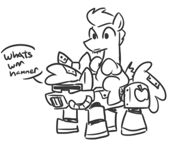 Size: 501x426 | Tagged: safe, artist:jargon scott, apple bloom, earth pony, pony, g4, armor, black and white, duo, facial hair, female, filly, foal, goatee, grayscale, male, monochrome, ponies riding ponies, power armor, riding, simple background, sketch, speech bubble, stallion, warhammer (game), warhammer 40k, white background