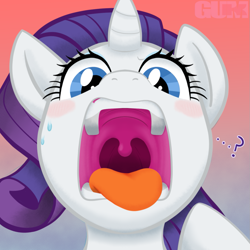 Size: 1079x1079 | Tagged: safe, artist:gum-k, rarity, pony, unicorn, g4, blue eyes, blushing, confused, esophagus, mawshot, open mouth, oral invitation, question mark, raripred, slimy, sweat, sweatdrop, taste buds, tongue out, uvula