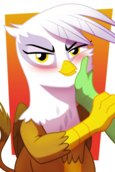 Size: 2048x3048 | Tagged: safe, artist:whitequartztheartist, gilda, oc, oc:anon, griffon, g4, blushing, cute, gildadorable, high res, offscreen character, petting, solo