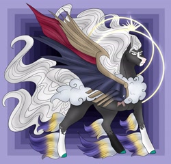 Size: 3541x3397 | Tagged: safe, artist:inisealga, oc, oc only, oc:angel, fanfic:piercing the heavens, abstract background, coat markings, colored hooves, facial markings, final fantasy, final fantasy vii, final form, halo, high res, male, sephiroth, socks (coat markings), solo, spread wings, stallion, wings